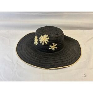 Kmart Black Straw Sun Hat Wide Brim Raffia Sunflower Daisy Summer Beach Floppy